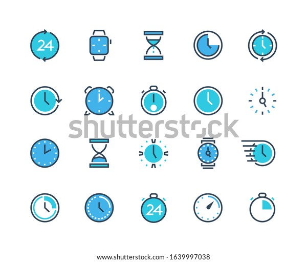 Clock and time icons.\
Watch, calendar, alarm and chronograph infographic icons for time\
management and work organization. Vector line watches set with\
sand, stopwatch