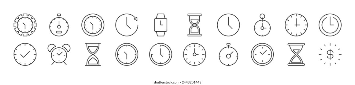 Clock as time line icons collection. Editable stroke. Simple linear illustration for web sites, newspapers, articles book