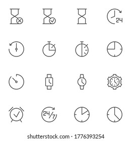 Clock time line icons set, outline vector symbol collection, linear style pictogram pack. Signs, logo illustration. Set includes icons as hourglass, stopwatch chronometer, wristwatch, alarm clock