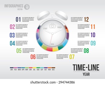 Clock time line infographics for layout, banner, number options, step up options, plan , contain EPS10 format with some additional icons.