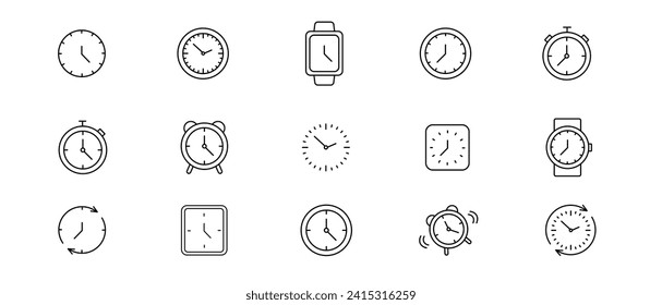 Lineare Icons für Uhren und Zeit eingestellt. Timer, Uhr, Geschwindigkeit, Wecker. Vektorgrafik.