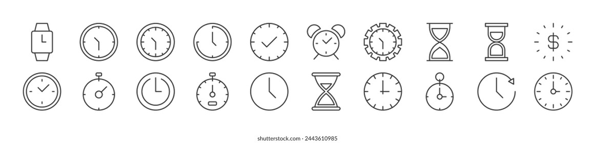 Clock as time linear vector icons collection. Editable stroke. Simple linear illustration for web sites, newspapers, articles book