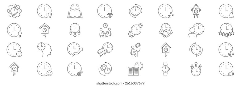 Clock And Time Management Icon Set. Productivity, Efficiency, And Scheduling Outline Symbol Collection. Includes Clocks With Gears, Books, And People. Editable Stroke. Isolated Vector Illustration.