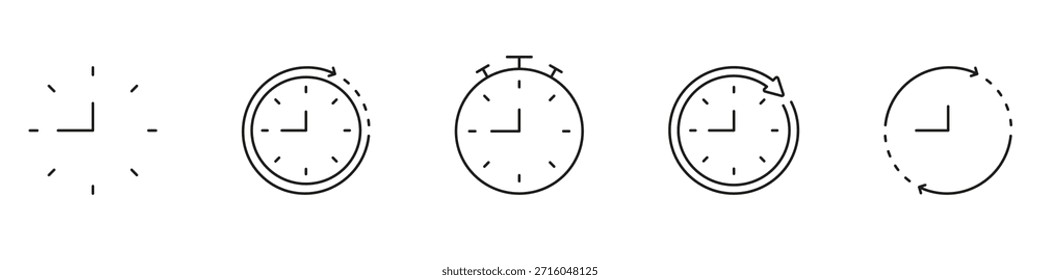 Reloj Y Línea De Gestión Del Tiempo Conjunto De Iconos. Seguimiento De Tiempo, Programación Y Colección De Símbolos De Esquema De Cronómetro. Gestión Y Planificación Eficientes Del Tiempo. Trazo Editable. Ilustración vectorial aislada.