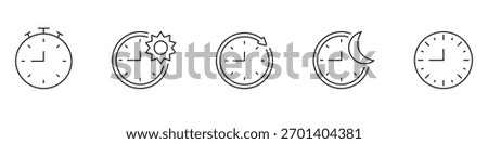 Clock And Time Management Line Icon Set. Stopwatch, Day And Night Cycle, And Time Tracking Outline Symbol Collection. Time Management And Scheduling. Editable Stroke. Isolated Vector Illustration.
