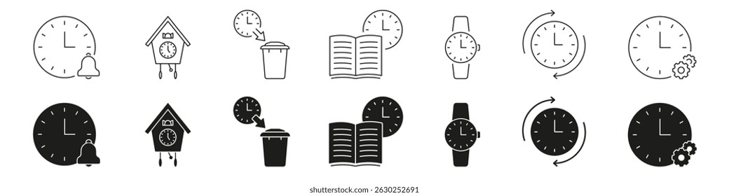 Clock And Time Management Line And Solid Icon Set. Alarm, Scheduling, Timekeeping Symbol Collection. Includes Cuckoo Clock, Trash Bin, Book, Wristwatch, Gear Elements. Isolated Vector Illustration.