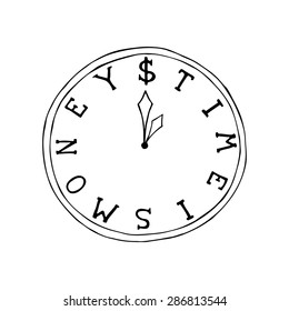 Clock "Time is Money" Money saving. Time management doodle vector illustration