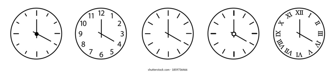 Clock and time outline icon. Set of clock icon isolated. Horizontal clocks vector symbol on white background. Circle, figures and arrow icon. Vector illustration.