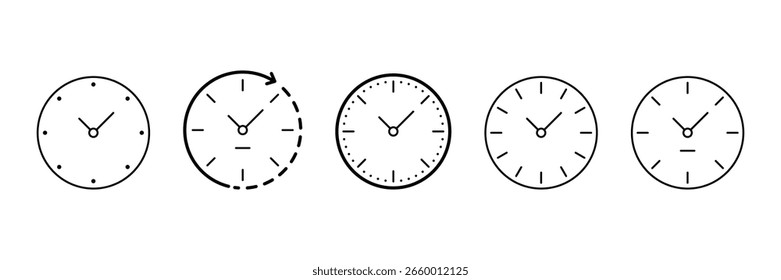 Clock time outline icon set for schedule timer business concept in minimal stroke vector UI UX style isolated on white background design.