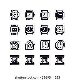 Clock- und Time-Pixel-Kunstsymbol-Set, 8-Bit-Aufkleber-Design-Paket. Armbanduhr, Stundenglas, Wecker, Stoppuhr. Design für Logo, Web, App, Badges und Patches. Einzige Vektorgrafik.