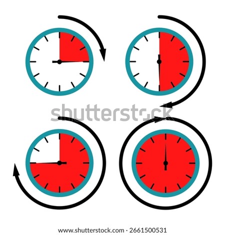 Clock Time Rotation Infographic. Vector Illustration of Hour Progression. Different time intervals with distinct red shaded segments.