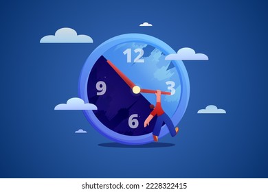 Clock time. Routine changes. Day and night cycles. Summer morning and evening cityscape. Awake or sleep. Circadian rhythms. Man hanging on watch arrow. Vector cartoon recent concept