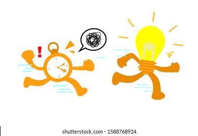 clock time run for lamp idea cartoon doodle flat design style vector illustration