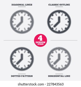 Clock time sign icon. Mechanical watch symbol. Diagonal and horizontal lines, classic outline, dotted texture. Pattern design icons.  Vector