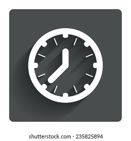 Clock time sign icon. Mechanical watch symbol. Gray flat square button with shadow. Modern UI website navigation. Vector