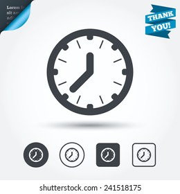 Clock time sign icon. Mechanical watch symbol. Circle and square buttons. Flat design set. Thank you ribbon. Vector