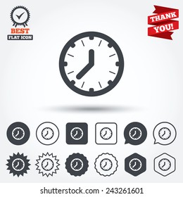 Clock time sign icon. Mechanical watch symbol. Circle, star, speech bubble and square buttons. Award medal with check mark. Thank you ribbon. Vector