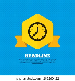 Clock time sign icon. Mechanical watch symbol. Yellow label tag. Circles seamless pattern on back. Vector