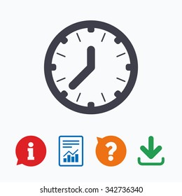 Clock time sign icon. Mechanical watch symbol. Information think bubble, question mark, download and report.