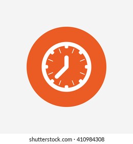 Clock time sign icon. Mechanical watch symbol. Orange circle button with icon. Vector