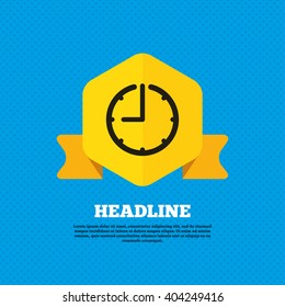 Clock time sign icon. Watch or timer symbol. Yellow label tag. Circles seamless pattern on back.
