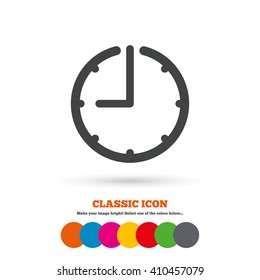 Clock time sign icon. Watch or timer symbol. Classic flat icon. Colored circles.