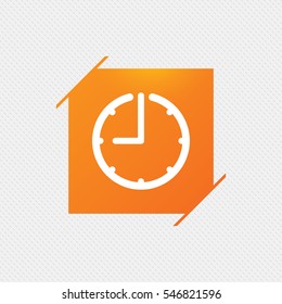 Clock time sign icon. Watch or timer symbol. Orange square label on pattern. Vector