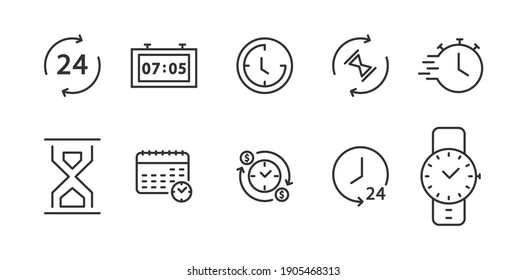 Clock and time thin line icons set. Alarm clock, timer, speed, time management, calendar. Vector simple outline.