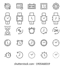 Clock And Time Thin Line Icons Set. Alarm Clock, Timer, Speed, Time Management, Calendar. Vector Simple Outline.