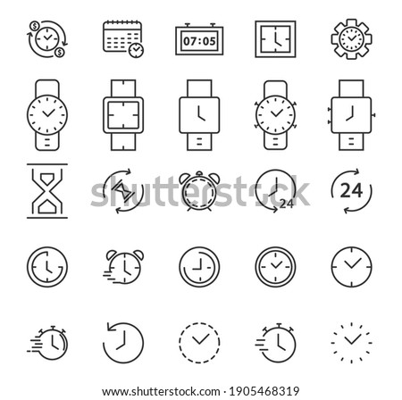 Clock and time thin line icons set. Alarm clock, timer, speed, time management, calendar. Vector simple outline.