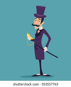 Clock Time Vintage Great Britain Victorian Gentleman Businessman Character Icon on Stylish Background Retro Cartoon Design Vector Illustration