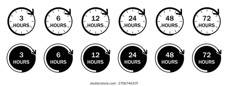 Clock and time. Watch and hours. Features 3, 6, 12, 24, 48, 72,-hour marks in circle with arrow. Flat vector illustrations isolated in background.