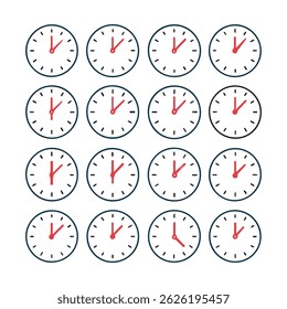 Clock Time Zones Set - Vector Illustration. Different Timezones Time. Arrows - Hours, Minutes on Clockface. Clock Time Lapse.