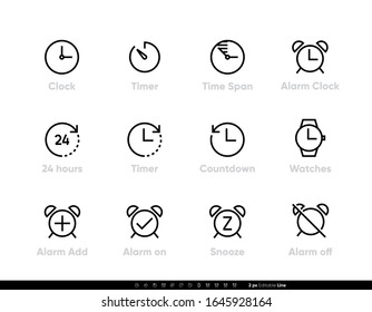 Clock and Timer, Alarm and Watch icons vector set. Editable line illustration