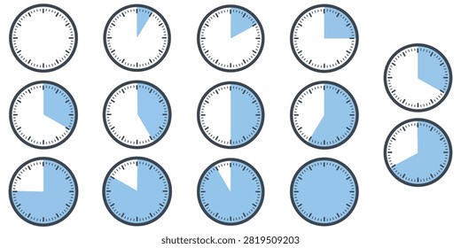 Clock timer collection vector featuring multiple time progress stages ideal for scheduling planning productivity business presentations deadline management educational graphics and printable design resources