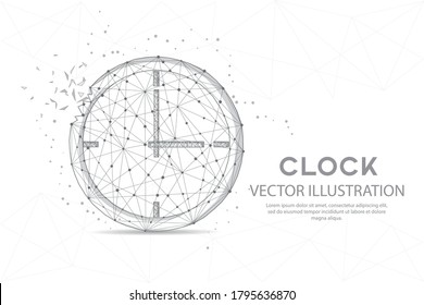 Clock timer digitally drawn in the form of broken a part triangle shape and scattered dots low poly wire frame.