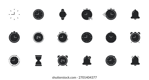 Conjunto De Ícones De Relógio E Temporizador. Coleção De Símbolos De Silhueta De Gerenciamento De Tempo, Alarme E Cronômetro. Vários Designs De Relógio Para Agendamento E Lembretes. Ilustração de vetor isolada.