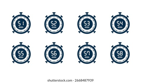 Clock timer minutes 51, 52, 53, 54, 55, 56, 57,58 icon set design template