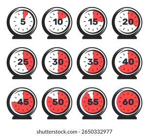 Clock with timer. Time countdown. Stopwatch with different minutes icon. Quick counting. Accuracy second measurement scale. Chronometer interval. Analog timekeeper
