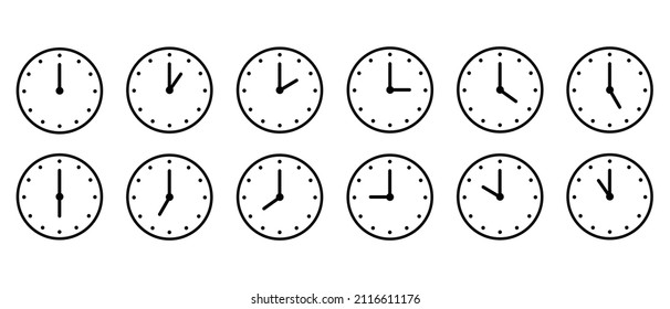Clock or Timer vector icons set. Clock faces with arrows indicating different time