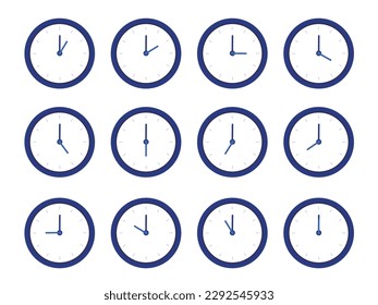 Los iconos vectoriales del reloj o del temporizador están configurados. reloj de pared por cada hora, hora internacional.