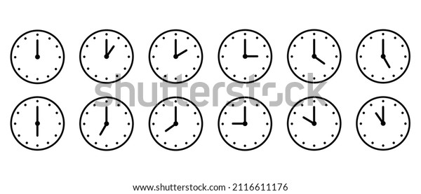 Clock or Timer vector icons set. Clock
faces with arrows indicating different
time
