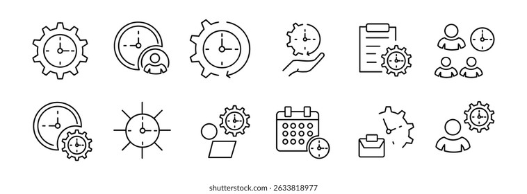 configurações de equipamento de trabalho do temporizador do relógio. Ícone de negócios do conjunto de gerenciamento de tempo.