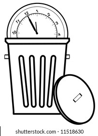 clock tossed in garbage can - concept of time management - vector