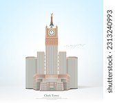 Clock Tower, Abraj Al Beit or Grand Mosque Hotel,  Design vector for Eid Mubarak - Arabic Translations: (King Abdulaziz endowment for the two Holy Mosques) 