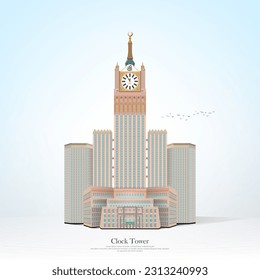 Clock Tower, Abraj Al Beit or Grand Mosque Hotel,  Design vector for Eid Mubarak - Arabic Translations: (King Abdulaziz endowment for the two Holy Mosques) 