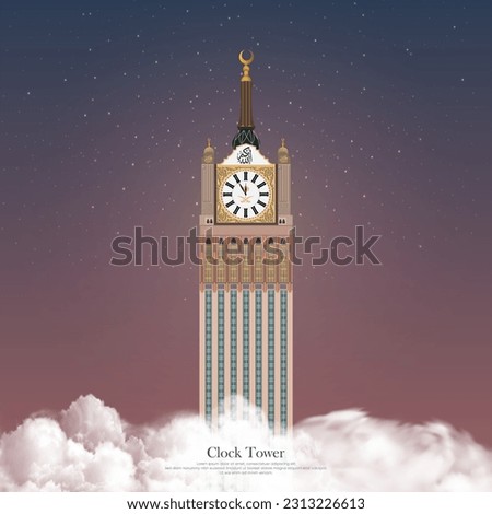Clock Tower or Abraj Al Beit in the sky Design vector for Eid Mubarak