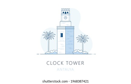 Clock tower, Antalya, Turkey. The famous landmark of Antalya, tourists attraction place, skyline vector illustration, line graphics for web pages, mobile apps and polygraphy.