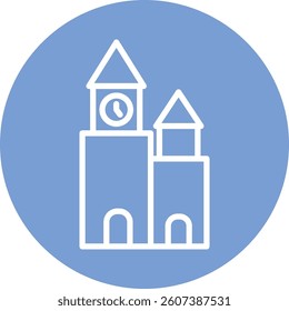Clock tower building icon on blue circular background for travel and landmark concept