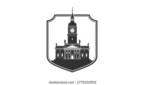 Clock tower building in shield logo